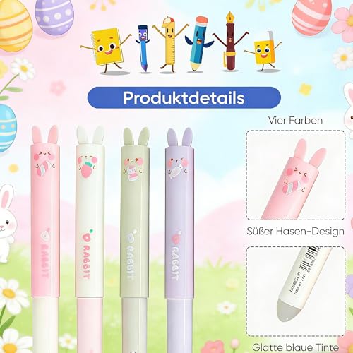 YDUNARISE 4er Ostern Radierbarer Kugelschreiber Set, mit 4 Mini Notizblöcke,Lustig Osterstifte,Radierbare Stifte Ostern,Gelschreiber Blau,Ostergeschenk für Studenten,Schule Büro (Ostern-A, 4)