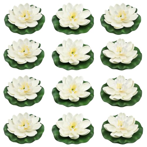 QUOZUO 12pcs Artificial Floating Foam Lotus Flowers with Lily Pads, Artificial Pond Plants Flowers Ornaments for Pool Aquarium Decoration, White