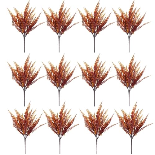 Haloppe Florero sintético para decoración de plantas artificiales de plástico, 12 unidades, ramas de helecho, realistas, reutilizables, verdes para el hogar, interiores y exteriores, jardín, rojo y