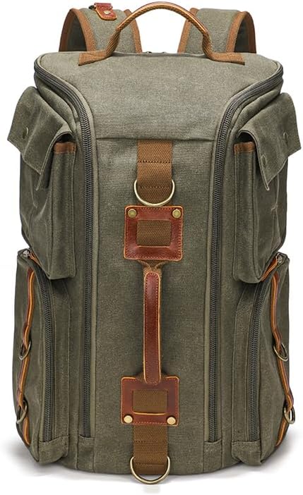 peacechaos Heavy-Duty Waxed Canvas Backpack for Men, 17 Inch Laptop Rucksack with Genuine Leather, Multi-Pocket Travel Bag for Work, Hiking, and Camping