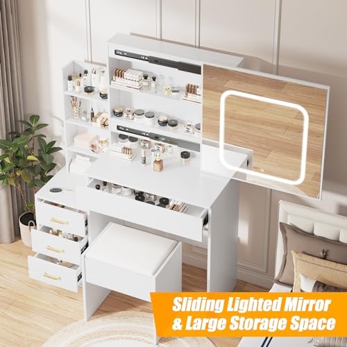 GarveeHome Vanity Desk with Sliding Mirror and Lights, Makeup Vanity Set with 4 Drawers, Stool, Power Outlet, Open Shelves, 3 Color Adjustable Lighting Modes, Makeup Dressing Table for Bedroom, White by GarveeHome - Image 2