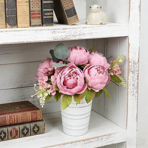 XOETCP Peonies Artificial Flower Table Centerpieces - 10 Inches Tall Faux Silk Floral Arrangements with Rustic Metal Vase for Farmhouse Home Decor - Vintage Purple — view 6