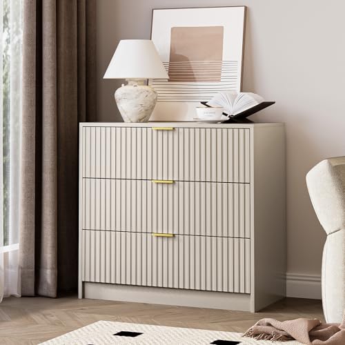 Image of MAISONARIA Fluted Dresser for Bedroom, 32 Inch Wide Nightstand with Large Drawer, 3 Drawer End Table for Bedroom, Living Rooms, Offices, and Entryways, Beige