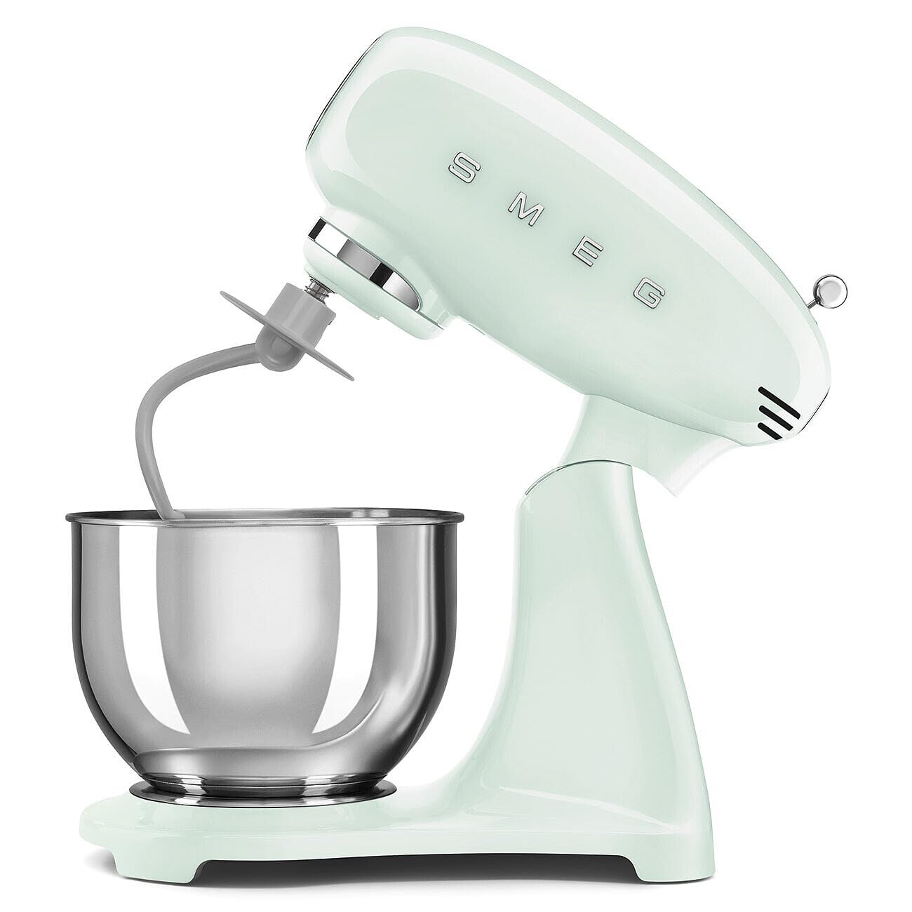 Smeg, Full Color SMF0PGREU Planetenkneter, 10 Geschwindigkeitsstufen, Smooth Start und Steady Mix Funktion, 4,8 L Schüssel, Motorblock, 3 Schneebesen und Knethaken, 800 W, pastellgrün