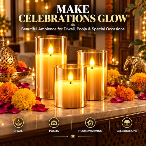 Image of Gesto LED Candles for Decoration - Set of 3 Flameless Battery Operated Candle with Remote & Timer | Warm Light Artificial Candles for Home Decor, Living Room, Bedroom, Dining Table, Diwali & Pooja