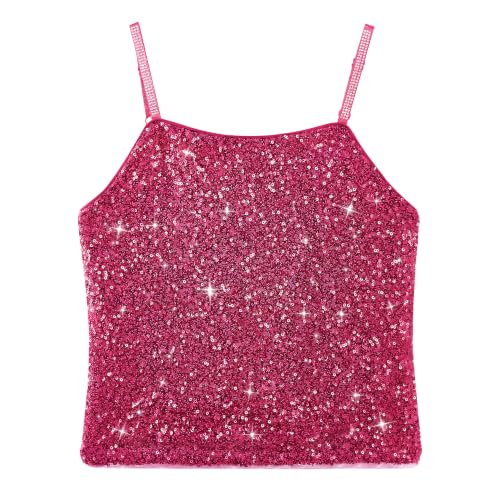 Image of LOLANTA Girls Sequin Camisole Tank Top Kids Sparkly Square-Necked Crop Tops Disco Party Dance Tops Shiny Adjustable Strap Halter Cami Vest, Rosered, 7-8 Years, 130