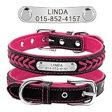 Didog Collar personalizado de cuero, collares de perro grabados de cuero trenzado con placa de identificación personalizada para perros pequeños y medianos grandes, rosa fuerte, talla XS