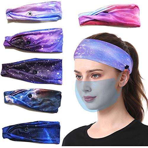 STSUNEU 6 Pieces Headbands With Buttons Has 6 Starry Sky Colors For Doctor Nurse Protect Ears Elasticity Button Headbands Non Slip Hair Bands For Yoga Sports Running