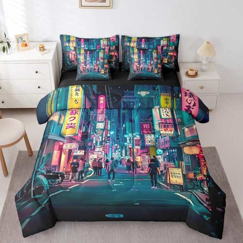 Feelyou Japanese Art Comforter Set 7 Pieces Full Size Tokyo Anime Bedding Set for Boys Girls Japan Night City Bed in a Bag with Comforter, Sheets, Pillowcases & Cushion Covers