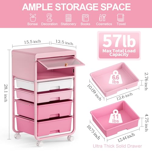 Utility-Rolling-Storage-Drawer-Craft-Cart-Organizers with 4 Drawers & Dust-Proof Door for Kid Craft Art Room,Bedroom,Home Office, Classroom, Rose Pink - Image 4