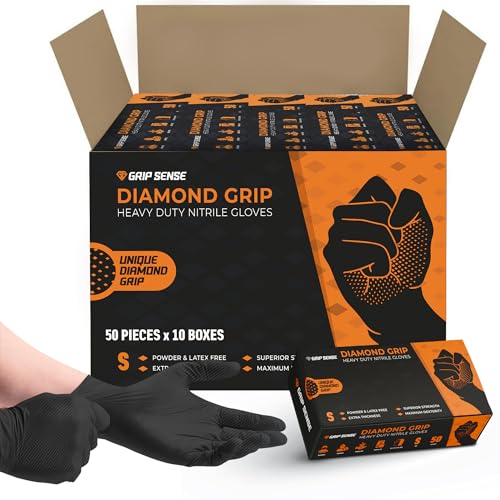 GripSense Nitrile Gloves (10 Packs of 50) - High Density Diamond Grip Black Gloves - Latex & Powder Free Black Nitrile Gloves Small - Mechanic Gloves Extra Thick & Super Strong - Max Dexterity L5