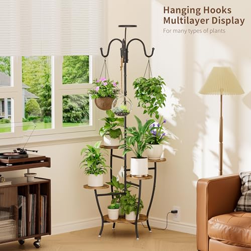 Image of BACEKOLL Plant Stand with Grow Lights 5 Tier Tall Indoor Plant Shelf 72 inch | 5-Tier Corner Plant Stand, 72 inch Tall with Grow Light, 3 Hooks, Adjustable Brightness /Timer, Iron Frame, for Living Room, Black