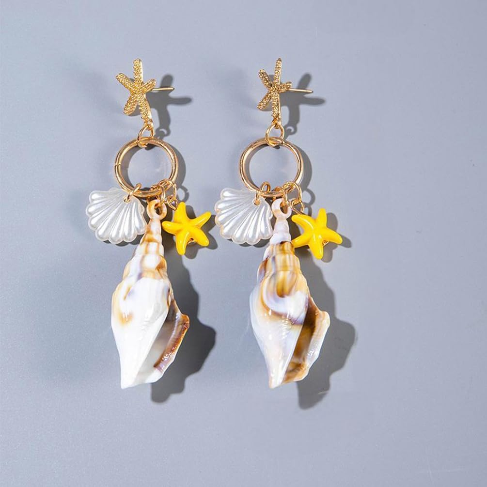 Boho Big Conch Starfish Seashell Dangle Earrings for Women, Dainty 14K Gold Sea Shell Circle Drop Stud Earring Holiday Beach Beachy Jewelry Accessories - Image 6