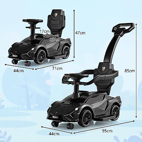 DREAMADE 3-in-1 Rutschauto Lamborghini, Rutschfahrzeug mit Schiebestange, Musik, Lichter & Sicherheitsbügel, Schiebauto für Kinder 18-60 Monate, belastbar bis 25kg (Schwarz) – Bild 6