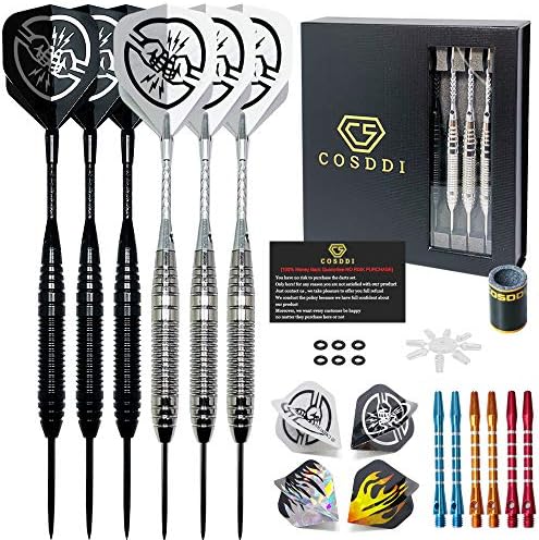 COSDDI Professional Darts Set - 6 Steel Tip Darts, with Aluminum Shafts and Flights, Darts Barrels, Dart Sharpener and Beautiful Gift Box