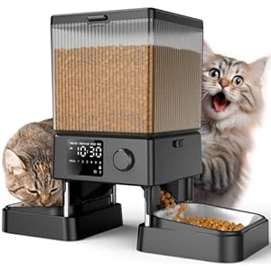 oneisall 5L Comedero Automático para Gatos 2 Tazones, Comedero para Gatos con un botón Fácil Operación, Comedero para Gatos/Perros con tazón de Acero Inoxidable, Grabadora de Voz