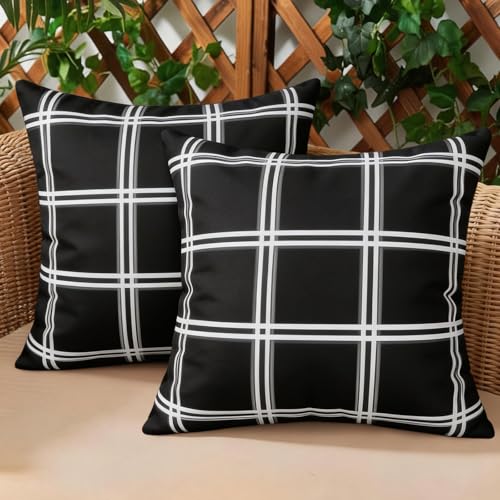Adabana Pack of 2 Outdoor Waterproof Plaid Throw Pillow Covers Farmhouse Decorative Black White Tartan Outdoor Pillow Covers for Patio Furniture Beach Chair 18x18 inch, Black and White