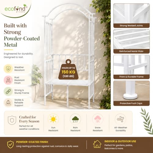 Image of ecofynd 6.8 Feet High 3.8 Feet Wide Garden Arch with 2-Seater Bench, Metal Arbor Trellis for Climbing Plant with Outdoor Garden Chair, Backdrop Stand for Wedding Lawn Backyard Party Decor (GC004-WHT)