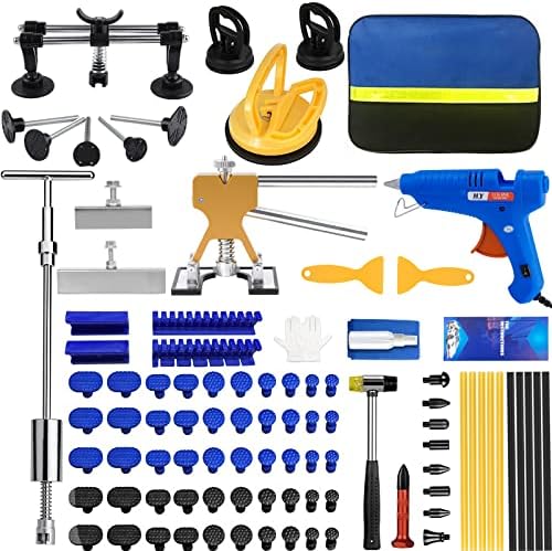 QIUJIN 97PCS Dent Puller Kit - Paintless Dent Repair Kit with Slide Hammer T Bar, Suction Cup, Golden Lifter, Double Pole Bridge Puller & Glue Gun, Car Body Dent Removal for Minor Deep Dent Remover