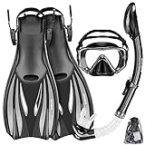 ZEEPORTE Mask Fins Snorkel Set Snorkeling Gear for Adults, Swim Goggles Panoramic View Anti-Fog Anti-Leak, Dry Top Snorkel and Dive Flippers Kit with Gear Bag, Diving Mask Snorkel Gear (Black, M)