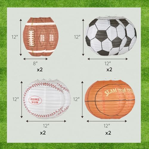 Image of UNIQOOO 8Pcs Sports Paper Lanterns Football Party Decoration Set, Large 12 Inch, Soccer Ball American Football, Baseball Basketball Japanese Hanging Lanterns, Reusable Game Day Kids Birthday Favors