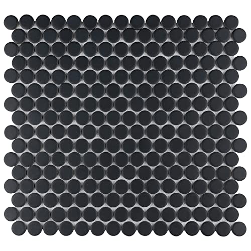 Somertile Hudson Penny Round Matte Black 12" X 12-5/8" X 5 Mm Porcelain Mosaic Tile #TOP7