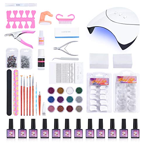 Acrylic Nail Kit Professional for DIY Gel Nail Decoration Manicure Extension with 36W LED UV Nail Dryer Curing Lamp 10 Colors Gel Nail Polish French False Nail Tips Rhinestone Glitter All in One Kit