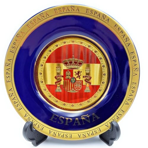 Planta Color Dekorativer Teller Spanien mit Nationalwappen + Schlüsselanhänger Stier aus Metall. Inklusive Halterung und Haken zum Aufhängen. Ideal für Patrioten, Reisegeschenk, typisches spanisches