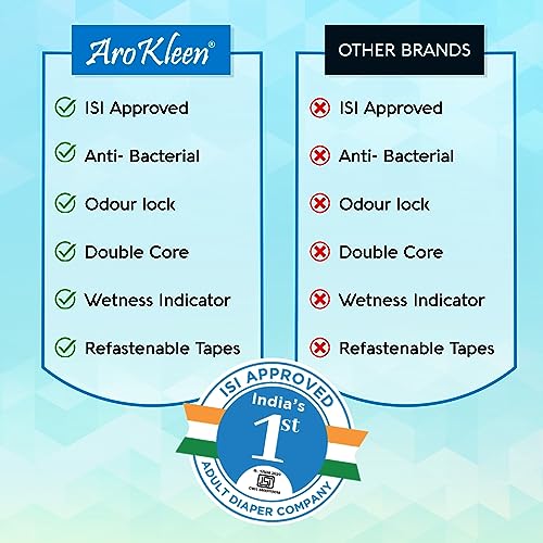 Image of Arokleen ISI Certified Adult Diapers Tape Style | Large (L) | 50 Count | Waist 40-59 Inch (102-150 cm) | All Night Protection | Unisex, High Absorbency, Leak Proof, Wetness Indicator, Pack of 5