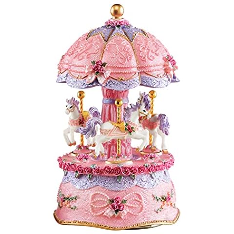 Collections Etc Pink Ceramic Carousel Music Box with Golden Accents Cover