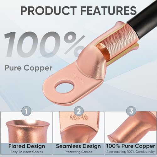 ticonn 10pcs 10 awg -3834 m10 battery cable ends heavy duty copper battery lugs ring terminals wire lugs connectors with 31 heat shrink tubing for distribution box golf carts solar panels