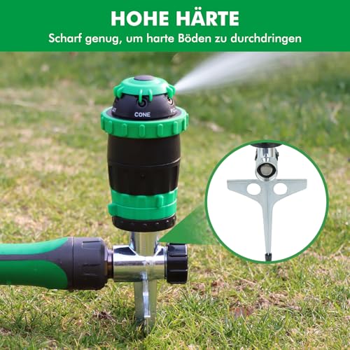 RESTMO Getriebe-Sprinkler mit Metallspike-Basis – Rasensprenger für große Flächen, 5 Muster, Bewässerungssystem für Rasen & Beete, Gartensprinkler, Reichweite 15 m, 180 m² Abdeckung, Grün, 1 Stück