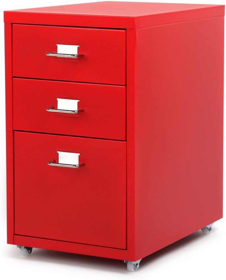 IKAYAA 3 Drawers Mobile File Cabinet Detachable Metal Filling File Cabinet Bedside Table Office Documents Cabinet Storage Cabinet with 4 Casters Red