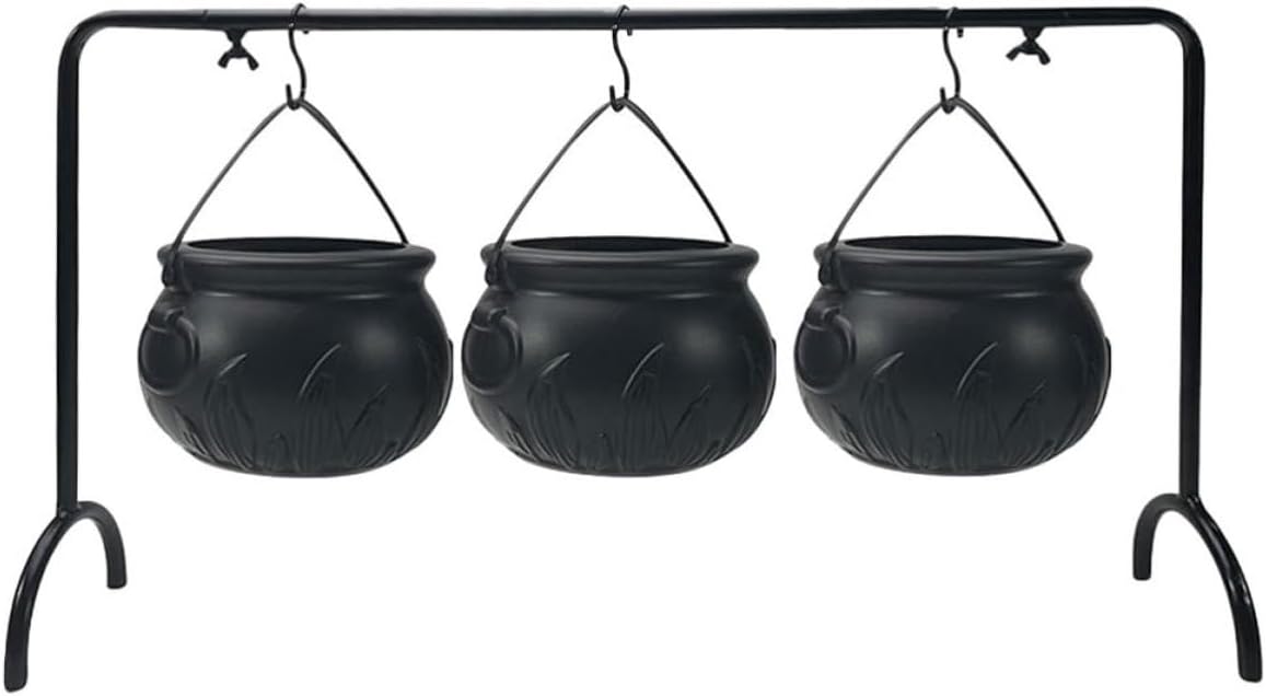Halloween Candy Storage Bucket Set with Witch Cauldron Rack, Portable Iron Candy Bucket for Trick Treating, Easy to Assemble and Sturdy Halloween Party Decoration in Black