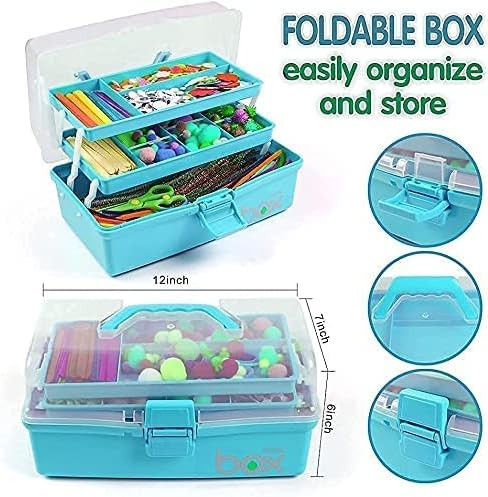 12in Three-Layer Multipurpose Storage Box Organizer Folding Tool Box / Art & Crafts Case / Sewing Supplies Organizer / Medicine Box / Family First Aid Box with 2 Trays (Blue)