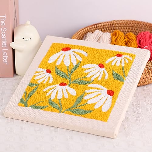 Image of Embroidery Punch Needle kit Frame, Embroidery Starter Kits for Beginner Kids,Punch Needle Fabric with Pattern,Threader, Yarns,Embroidery Hoops & Rug Punch (Yellow)