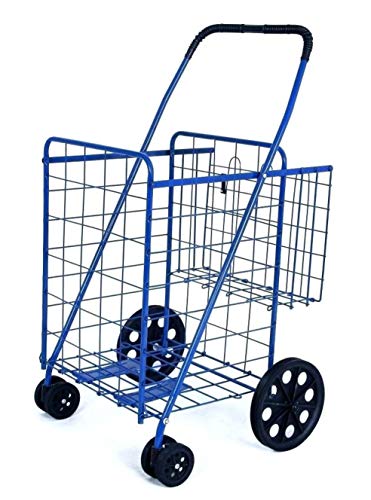 Folding Shopping Cart Double Basket Jumbo Size 150lb Capacity by USA Cash and Carry | Blue