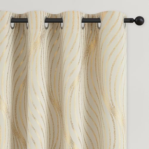 Xwincel 100% Blackout Curtains for Bedroom, Beige Gold Wave Line