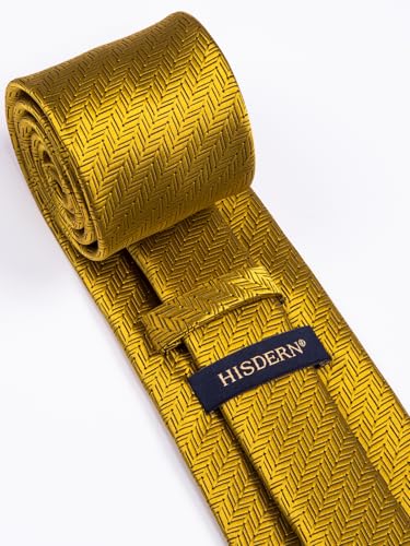 HISDERN Gold Ties for Men Plaid Mens Ties with Pocket Square Set Formal Mens Ties Handkerchiefs Classic Golden Silk Satin Neckties Set Business Wedding