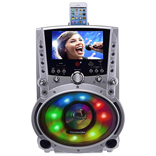 Karaoke USA GF758 Complete Karaoke System with 2 Microphones, Remote Control, 7” Color Screen, LED Lights - Works with DVD, Bluetooth, CD, MP3 and All Devices