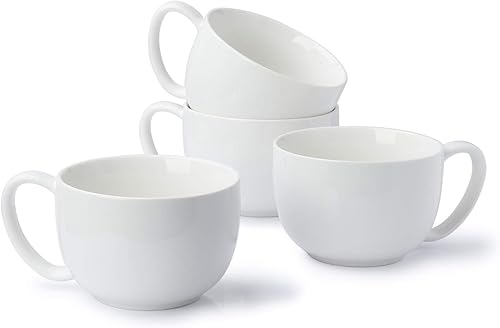 Sweese Juego de 4 tazas de café grandes de porcelana de 22 onzas, tazas de sopa grandes con asas, perfectas para café, té, chocolate caliente, aptas