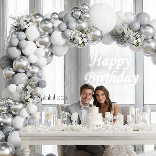 Image of White and Silver Balloons Arch Kit 155Pcs 18 10 5 Inch | Gray Grey White Metallic Silver Different Sizes Latex Garland Birthday Anniversary Wedding Bridal Shower Party Decorations