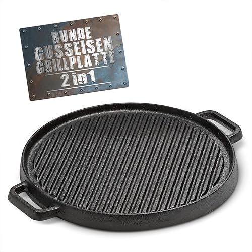 BBQ BOSS Gusseisen Grillplatte [2 in 1] Grillrost – Grillplatte rund – Platte für den Grill – wendbar – für Grill und Ofen – Ø 29,5