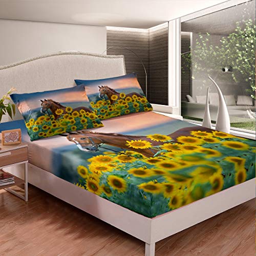 Feelyou Farmhouse Bed Sheets Horse And Sunflower Sheet Set Botanical Floral Bedding Farm Animal Flower Fitted Sheet Twin Size Includes 1 Sheets & 1 Pillowcase (No Flat Sheet) #TOP23