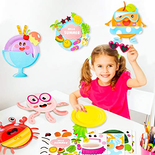 Mallmall6 9Pcs Summer Paper Plate Art Kits For Kids Educational Diy Craft Early Learning Art Project Parent-Child Preschool Classroom Activities Hawaiian Beach Luau Holiday Party Favors For Boys Girls #TOP4