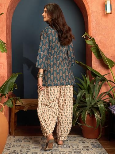 Image of EthnicJunction Women's Linen Floral Print Summer Wear Straight Short Kurti with Afghani Pant Set | Co Ord Set for Women Stylish | Fusion wear Women