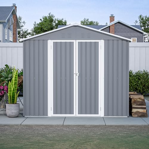 Image of YOPTO 8x12 FT Outdoor Storage Shed W /Floor Frame,Metal Shed W /Double Lockable Doors,Garden Tool House W / 2 Vents & Sloped Roof,for Backyard Patio Lawn,Gray