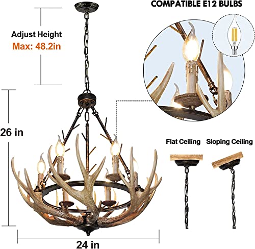 Debemenes Rustic Antler Chandelier 6 Lights, Farmhouse Chandeliers With Resin 6 Antlers And Retro Metal Wagon Wheel Vintage Style For Dining Room, Kitchen, Living Room, Cabin Ul Listed #TOP4