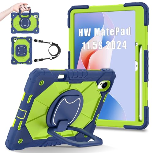 YOUULAR Shoulder Strap Tablet Case for Huawei MatePad 11.5 S/11.5 inch TGR-W09, Heavy Duty Shockproof Protective Cover with Kickstand, Handle Shoulder Strap for Kids Women Navy Blue Yellow Green