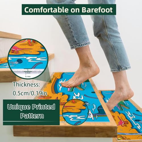 Alfombrillas de escalera antideslizantes con diseño de dinosaurios para peldaños de interior 3